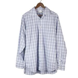 Hickey Freeman Men's Blue White Gingham Plaid Long Sleeve Shirt 15 15 1/2 Cotton